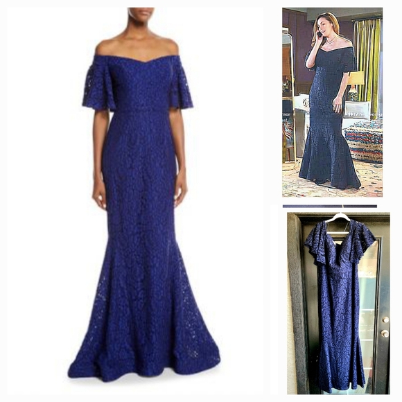 Abigail’s navy off-shoulder lace gown‎